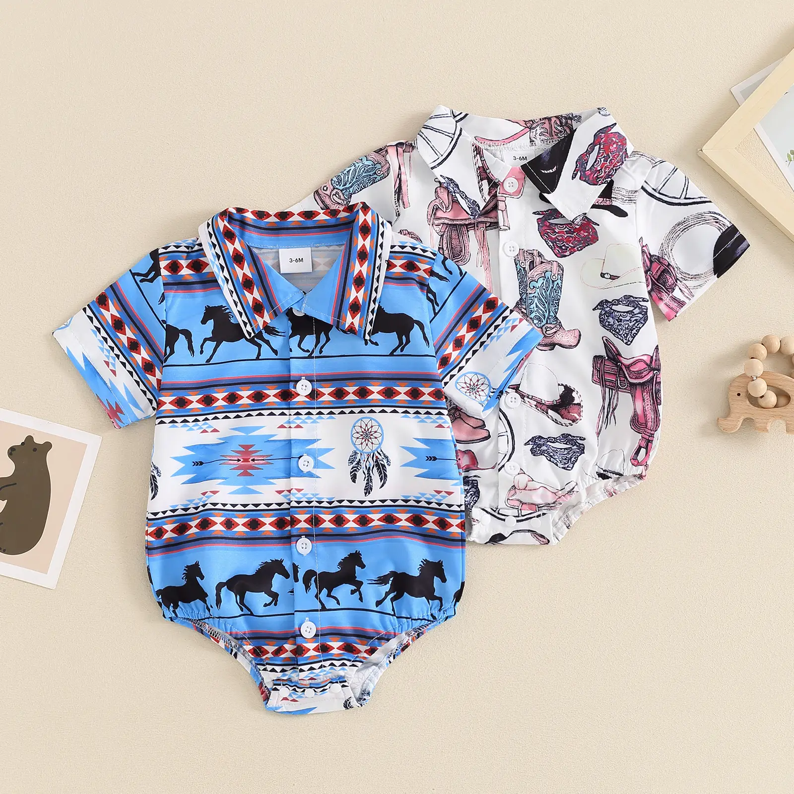 Western Baby Boy Clothes Horse Boots Print Shirt Romper Short Sleeve Button Down Bodysuit Cowboy Summer Outfit