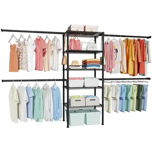 Ulif Closet Organizer System, Mounted to the Wall Garment Rack with 4 Expandable Hanger Rods, 5 Shelves in 23.6" L x 14.5" W, Suit Total Space from 5.8-8.8 ft Hanging
