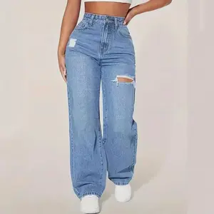 Women’s Mom Jeans — denim wide-leg long pants with high waist, straight cut, distressed details (ripped/patched), Y2K streetwear work casual, punk style, 2025