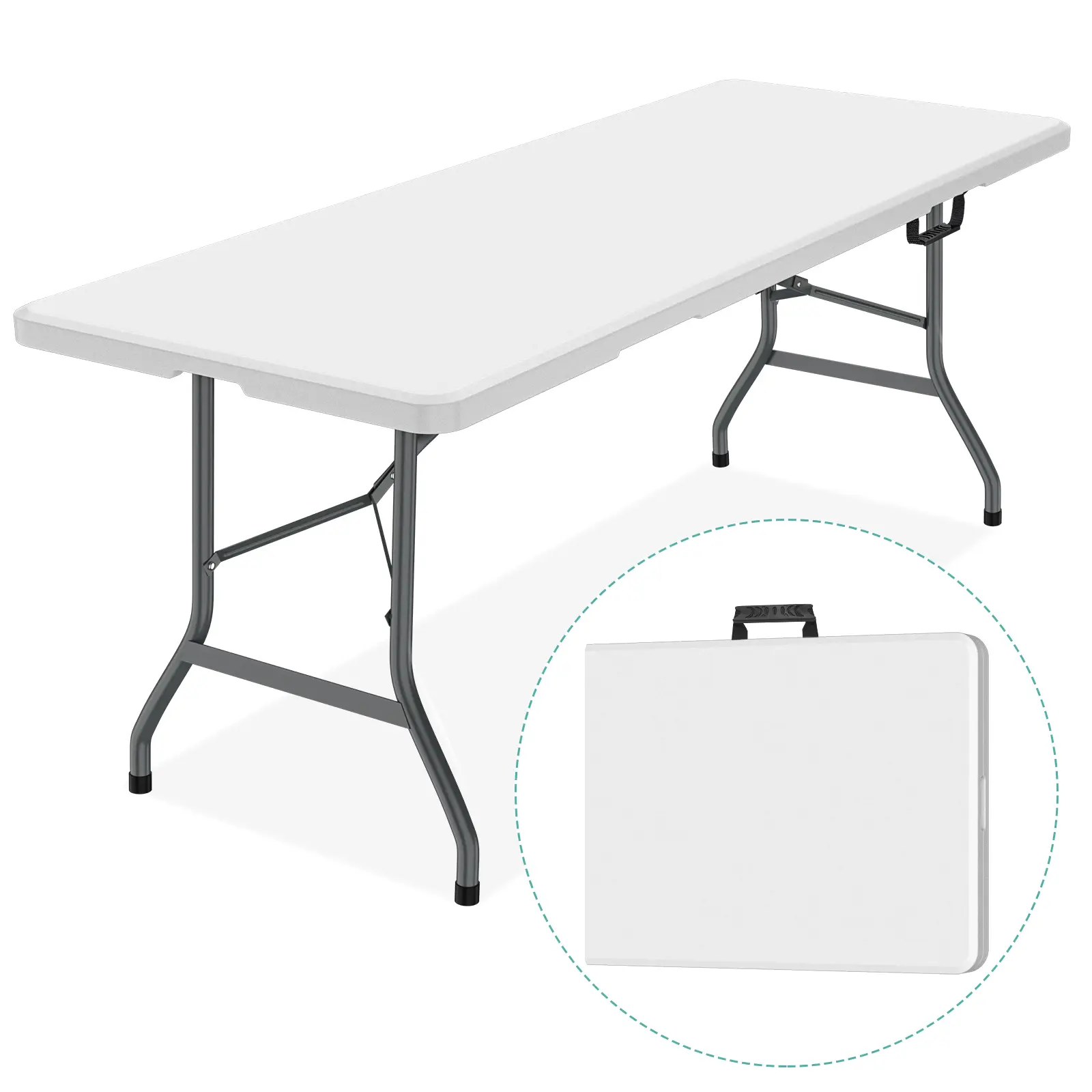 6FT Picnic Folding Plastic Portable Table,Heavy Duty Fold-in-Half Table, Indoor Outdoor Table for Camping, Party, Wedding,Picnic, with Lock, Handle - White