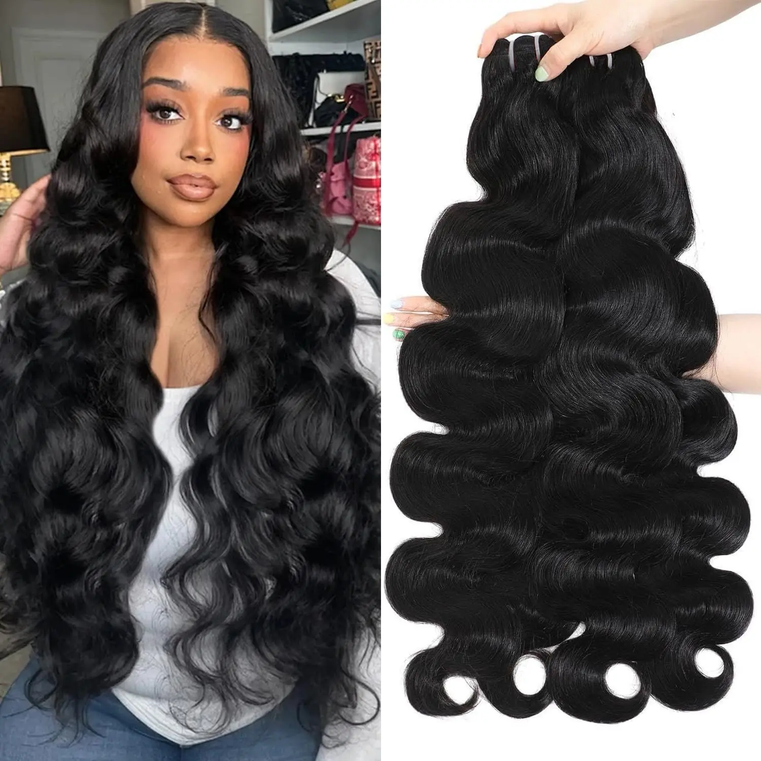 Human Hair Bundles 12A Body Wave Bundles Human Hair 100% Unprocessed Brazilian Virgin Hair 3 Bundles Raw Quick Weave Extensions Natural Black