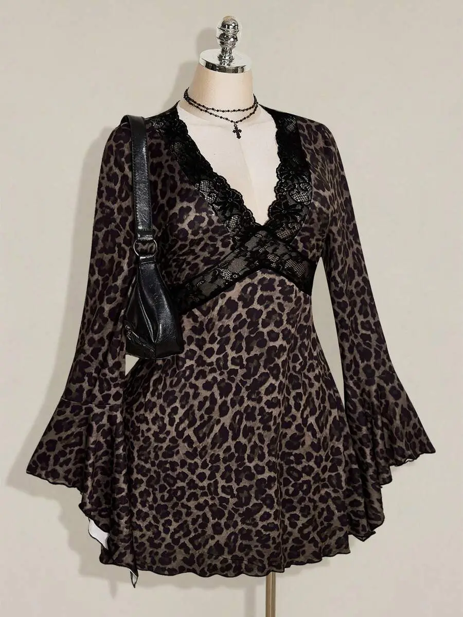 Plus Size Retro Sexy Millennial Style Y2K Urban Modern Avant-Garde Bold Fashion Personalized Leopard Print V-Neck Lace Patchwork Bell Sleeve Dress