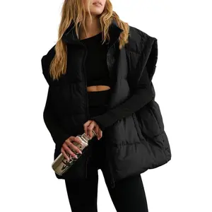 Women's Casual Winter Oversized Puffer Vest Stand Collar Flysleeve Insulated Padded Puffy Jackets