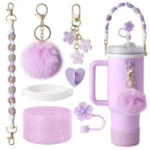 Floral & Pom Pom Tumbler Accessories Set - Silicone Boot, Cute Decor Charms, Straw Cover, Carry Strap for 30oz & 40oz Tumblers (No Cup Included)