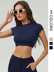 Women's Solid Round Neck Crop Sports Tee, Casual Sleeveless Crop Top for Daily Wear, Ladies Sportswear for Indoor Outdoor Wear, Athletic T Shirt, Gym Athletic Clothes