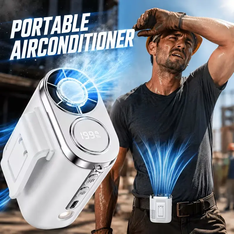 Wearable Neck Fan with Clip-On Design, Ice Magnetic Cooling Fan, 1-199 Level Stepless Speed Control, LED Display, 5000mAh Rechargeable Battery, Hands-Free Personal Fan with Flashlight for Outdoor Work, Camping, Hiking & Travel