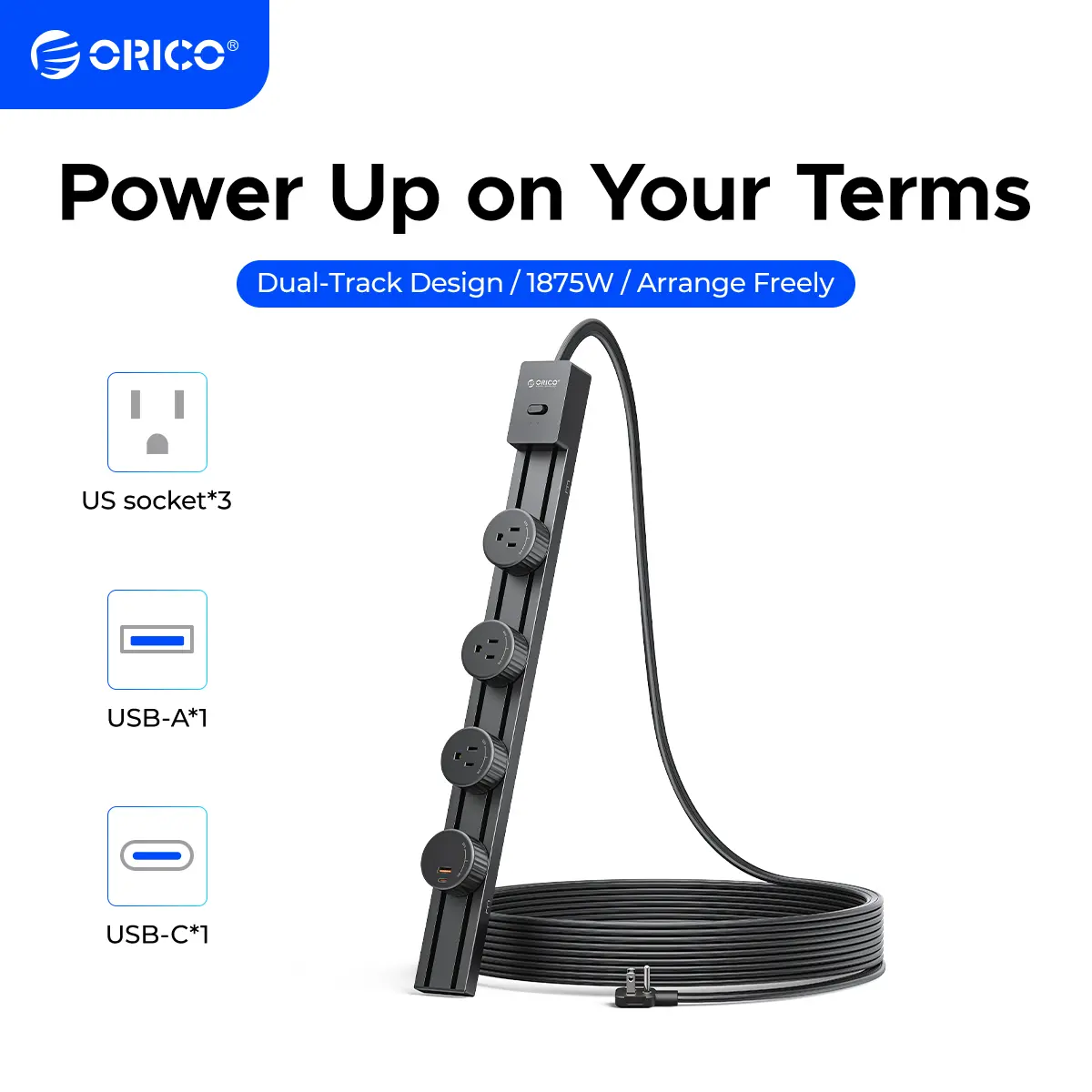 ORICO Power Track Outlet System, Removable Electrical Outlet Track with Dual-Rail Design for Extra Sturdiness, 3 AC  (1875W Total) + 1 USB-A + 1 USB-C with 20W PD Fast Charging, Built-in Intelligent Safety Chip, Perfect for Kitchen, Living Room, Office-GD