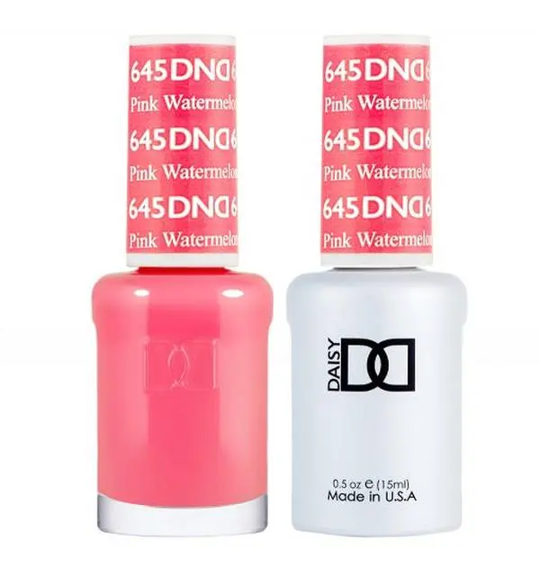 DAISY DND Gel Nail Polish & Lacquer Duo Set, #645 Pink Watermelon (0.5 fl oz) – UV Curable Cosmetic Bottle, Unisex Colored Nail Supplies with Base Gel, Bis-Hema Poly (1, Ethyl Acetate, PPG-5 Methacrylate) for Professional & At-Home Manicures