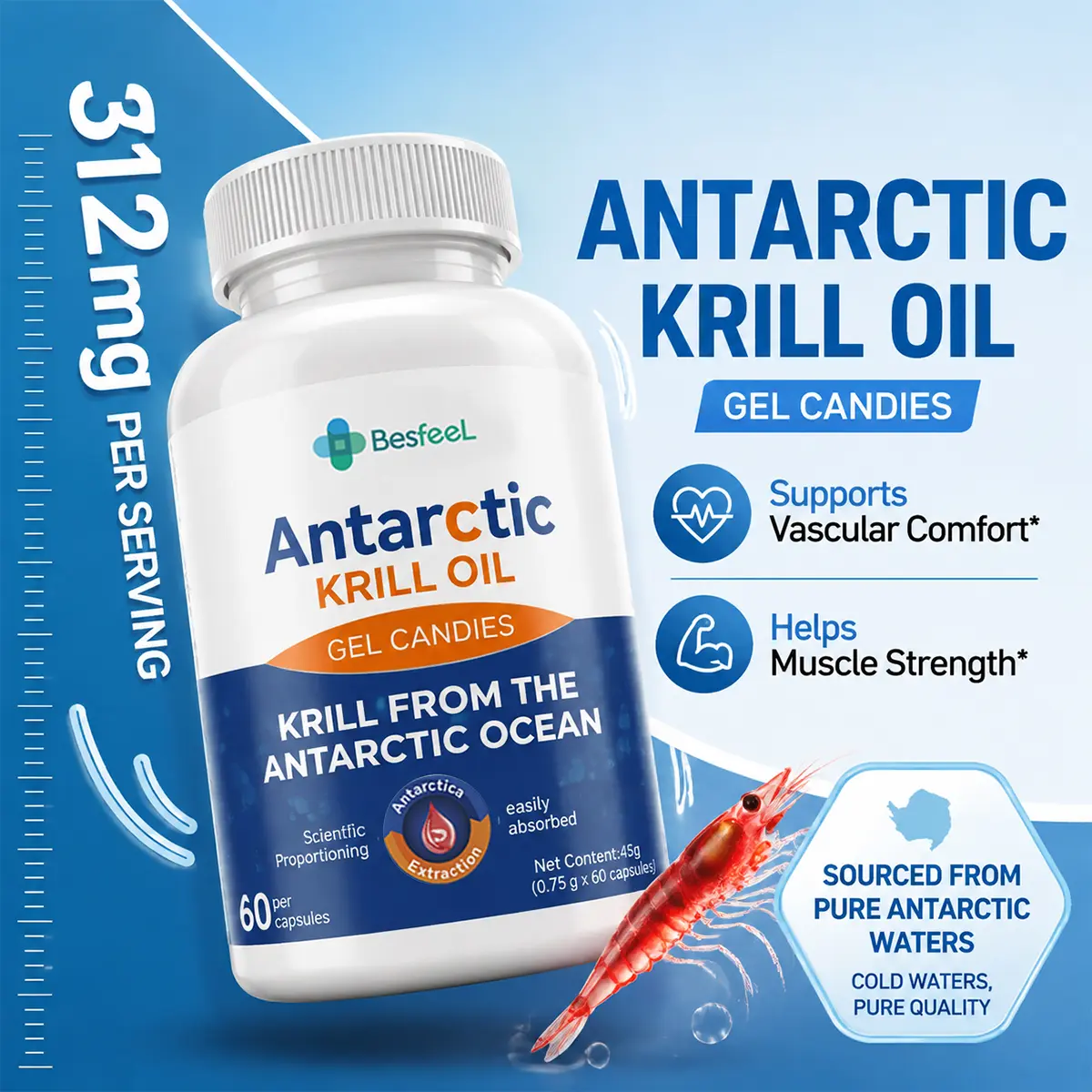 Antarctic Krill Oil Softgels, 312 mg per Serving, 60 Easy-to-Swallow Capsules, Daily Omega-3 Wellness Support