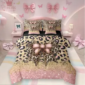 Pink Bow Tie Comforter Set,7-Piece Bed in a Bag,Cheetah Print Bowknot Bedding Set,Gold Sequins Printed Leopard Hide Comforter and Sheet Set,Cute Ribbon Bow Knot Room Decor