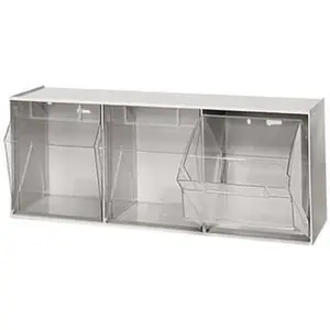 Quantum Storage Systems 3 Compartment White Small Parts Tip Out Stacking Bin Organizer 23-5/8" Wide x 9-1/2" High x 7-3/4" Deep, Polystyrene Frame, 7-3/8" Bin Width x 8-5/8" Bin Height x 5-7/8" Bin Depth QTB 303 WHITE