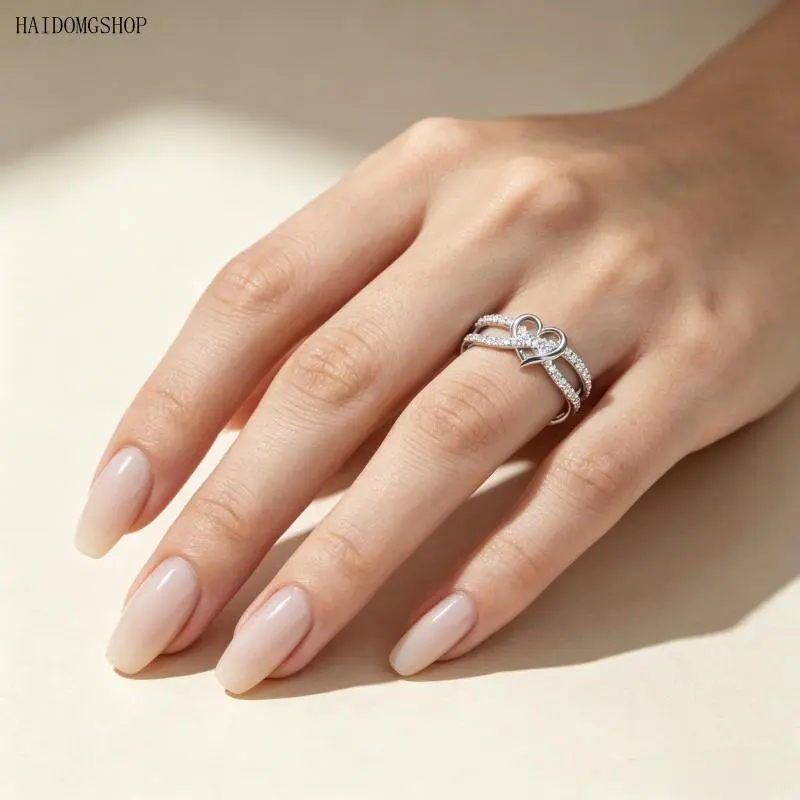 Women Heart Cubic Zirconia Finger Ring, European American Trend Statement Jewelry With Pave Set Sparkling CZ, Minimal Grand Elegant Slim Band, Versatile Classic Accessory For Daily Office Dating Valentine’s Birthday Outfits,bookish