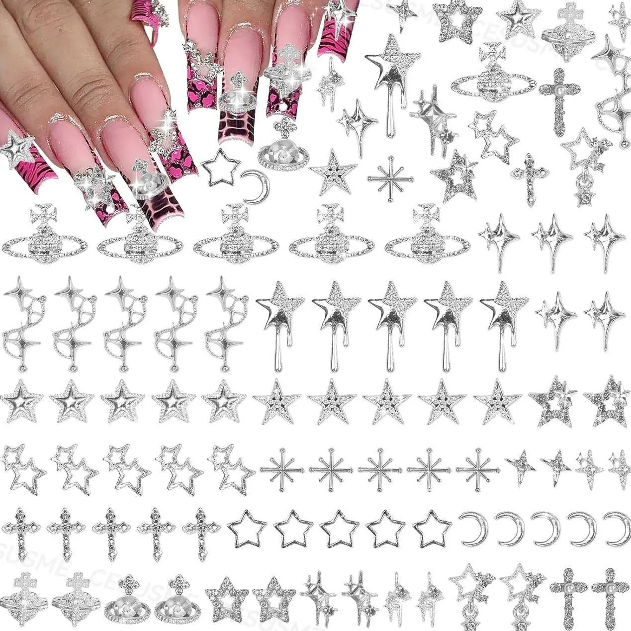 130 Pcs 3D Silver Star Cross Alloy Nail Charms, 21 Styles Y2K Metal Star Moon Cross Moon Planet Silver Nail Charms and Gems for Nails Art Design DIY Accessories