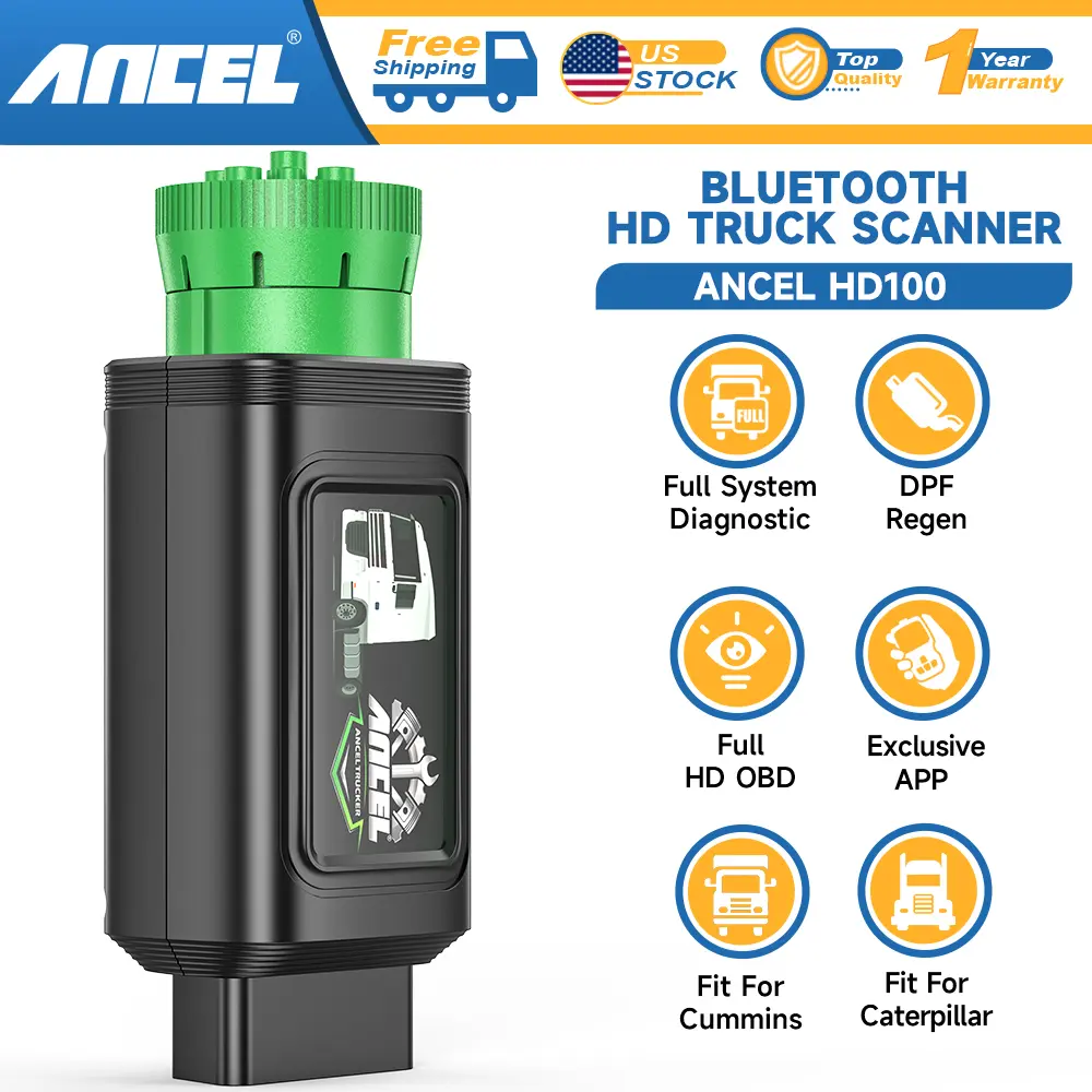 ANCEL HD100 Bluetooth Heavy Duty Truck Scanner, All System Diagnostic Tool Fits for Cummins Caterpillar DPF Regen Service Tool, Diesel Heavy Truck & Car 2 in 1 Code Reader, EOBD HD OBD OBD2 Scanner