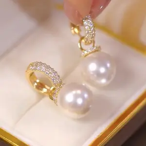 Sparkling Exquisite Golden Faux Pearl Pendant Zirconia Earrings - Halloween Ear Hook Statement Earrings - Clip-On Hoop Design - Valentine's Day Christmas Mother's Day Gifts