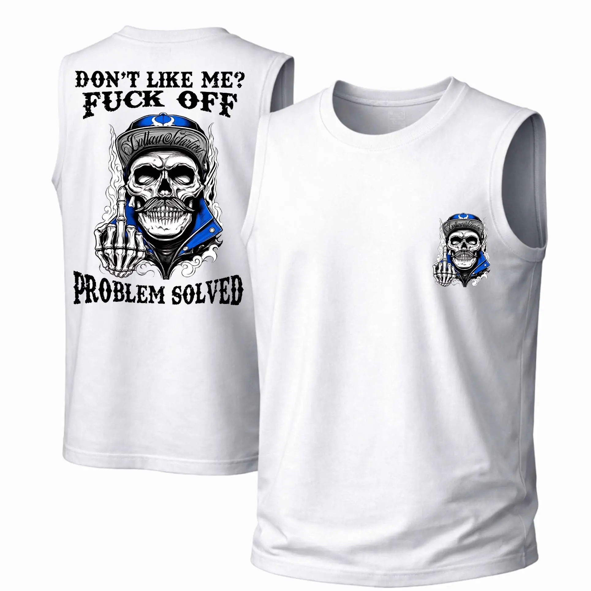 Men's Cotton Sleeveless Tank Top - "Problem Solved" Skull Printed Style. This Is A Casual Item Suitable For Both Men And Women, Especially Perfect For Spring And Summer; The Cool Print And Classic Crew Neck Cut