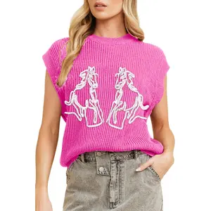 Women's Bright Pink Western Horse Embroidered Round Neck Sweater Tee