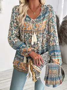 ZAFUL Bohemian Print Long Sleeve Loose Casual Women's Shirt Top with Lace-up Pendant Tassel Ethnic Womenswear Mixed Color Fitted Blouse