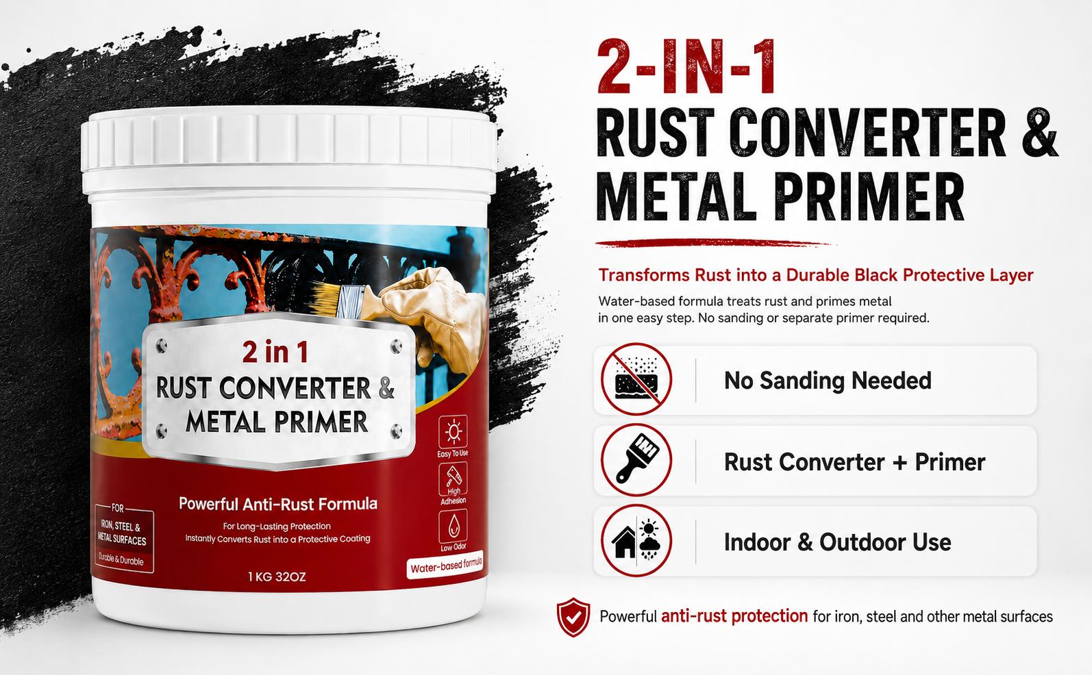 2-in-1 Rust Converter & Metal Primer Liquid, Excellent Rust Conversion Water-Based Inhibitor, Durable Coating for Automotive/Motorcycle Metal, UV-Heat Resistant Long-Lasting Protection, Uv Resistant