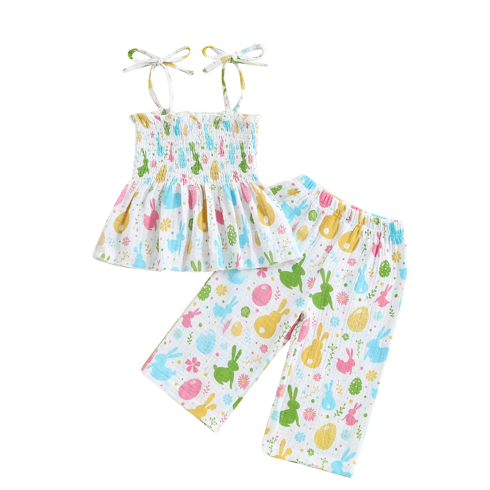 Little Girl Easter Outfit Summer Bunny Egg Print Spaghetti Strap Tank Tops Pants 2 Pcs Set Toddler Sleeveless Rabbit T Shirt Matching Suit Clothes