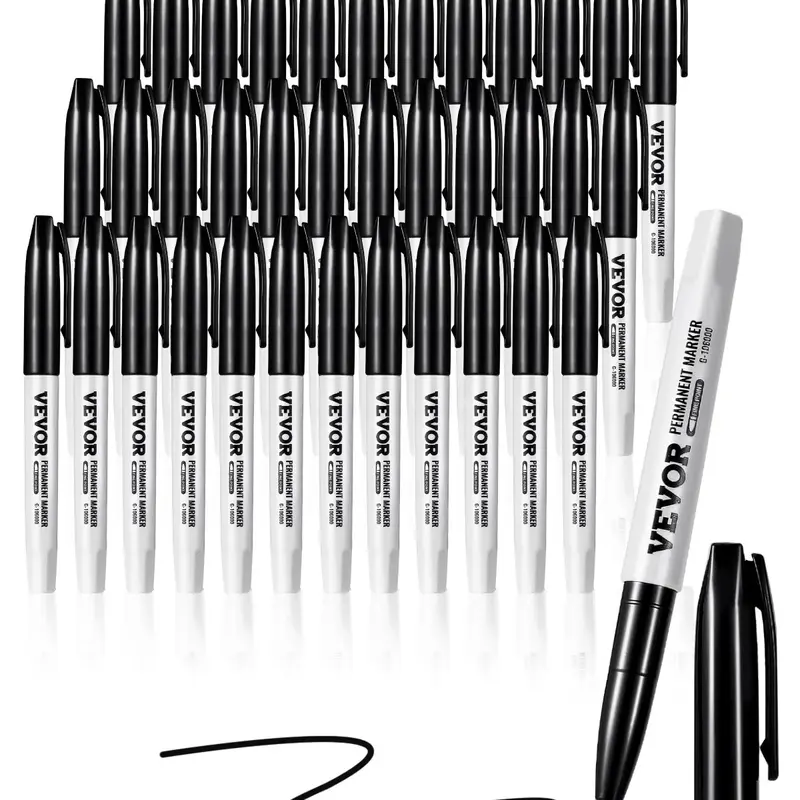 VEVOR 36-Pack Black Fine Tip Batteryless Grip Sleeve Dry Markers & Highlighters, Low-Odor, Easily Cleanable, Permanent Art/Drawing Markers for Lab Notes, Metal & Plastic Surfaces, School & Office Use