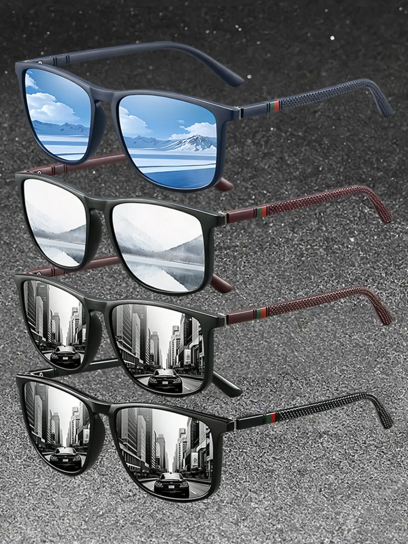 4 pairs of retro checkered square glasses, Square frame sunglasses, available in various colors, with classic colored stripes and anti-slip rubber nose pads, comfortable, suitable for casual daily wear, unisex accessory
