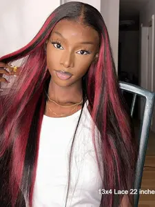 Black Mix Red Highlight Synthetic Lace Front Wigs Straight Natural Hairline 13x4 HD Transparent Lace Wig Lace Frontal Wigs for Party Christmas Halloween 28 Inch Glueless Frontal Wig Natural Looking Wigs
