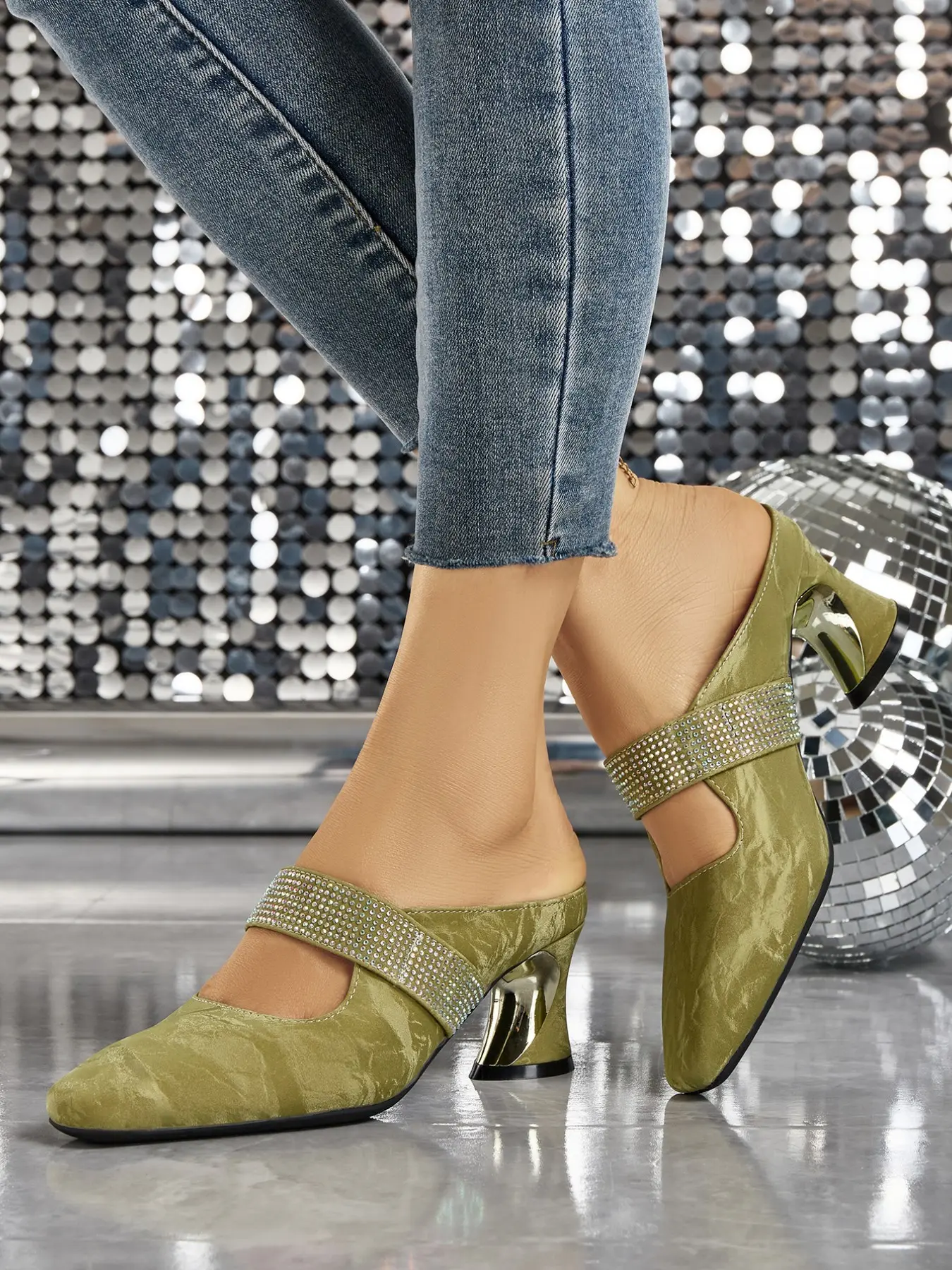 Elegant Women's Sparkling Rhinestone High Heel Sandals, Square Toe Faux Leather Shoes, Casual Medium Width Flare Heels for All Seasons