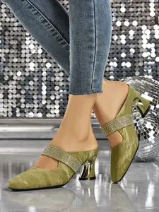 Elegant Women's Sparkling Rhinestone High Heel Sandals, Square Toe Faux Leather Shoes, Casual Medium Width Flare Heels for All Seasons