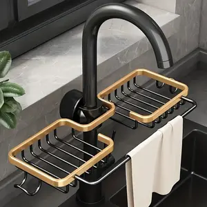 1pc Kitchen Organizer, Versatile Aluminum Sink Rack For Sponge And Soap, Convenient Storage Solution For Hanging Baskets And Accessories Hangable Black