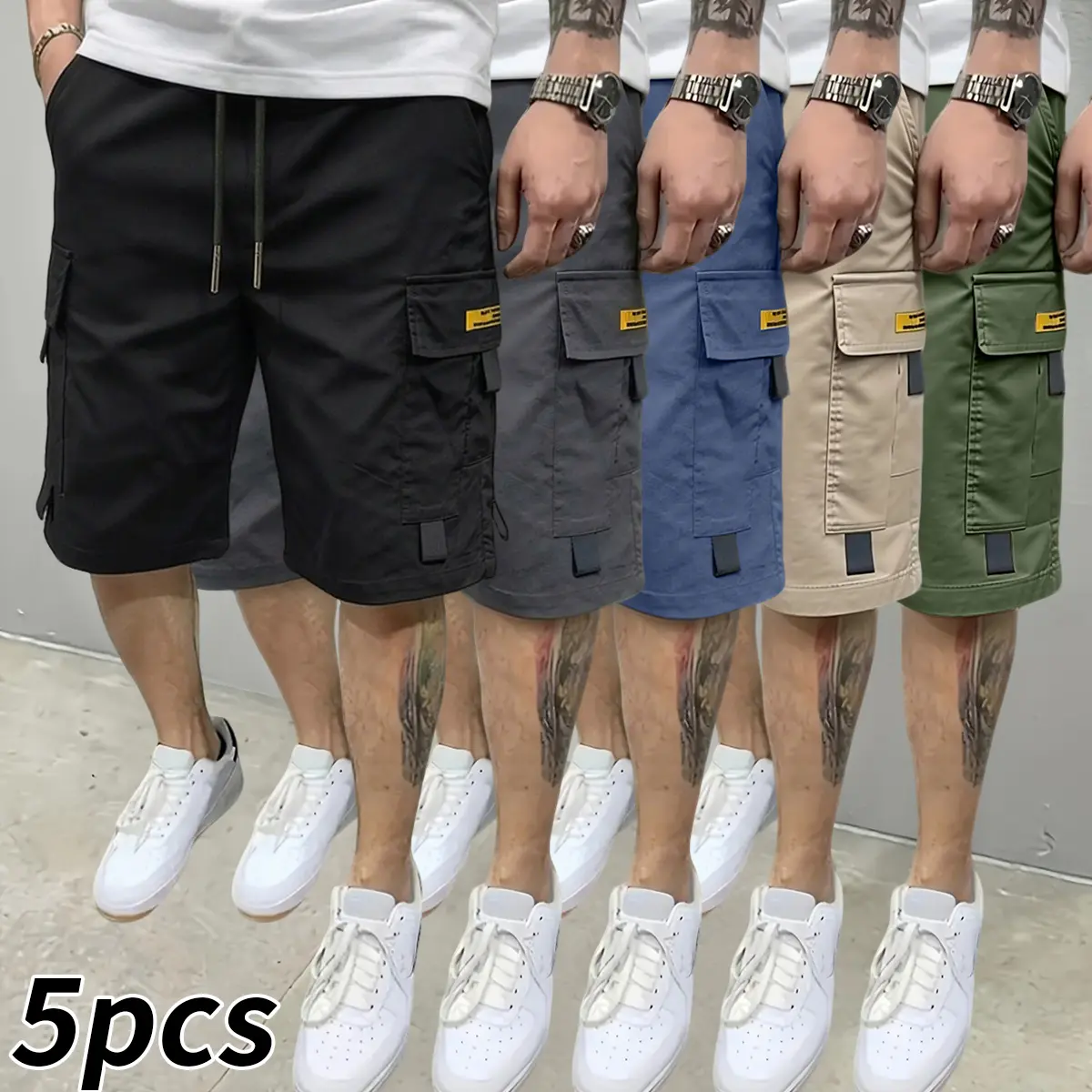 Pack of 5 men’s cargo shorts — multi-pocket design, loose fit — casual and versatile — solid-color work shorts — casual loose shorts — suitable for casual outfits — summer casual mid-length shorts
