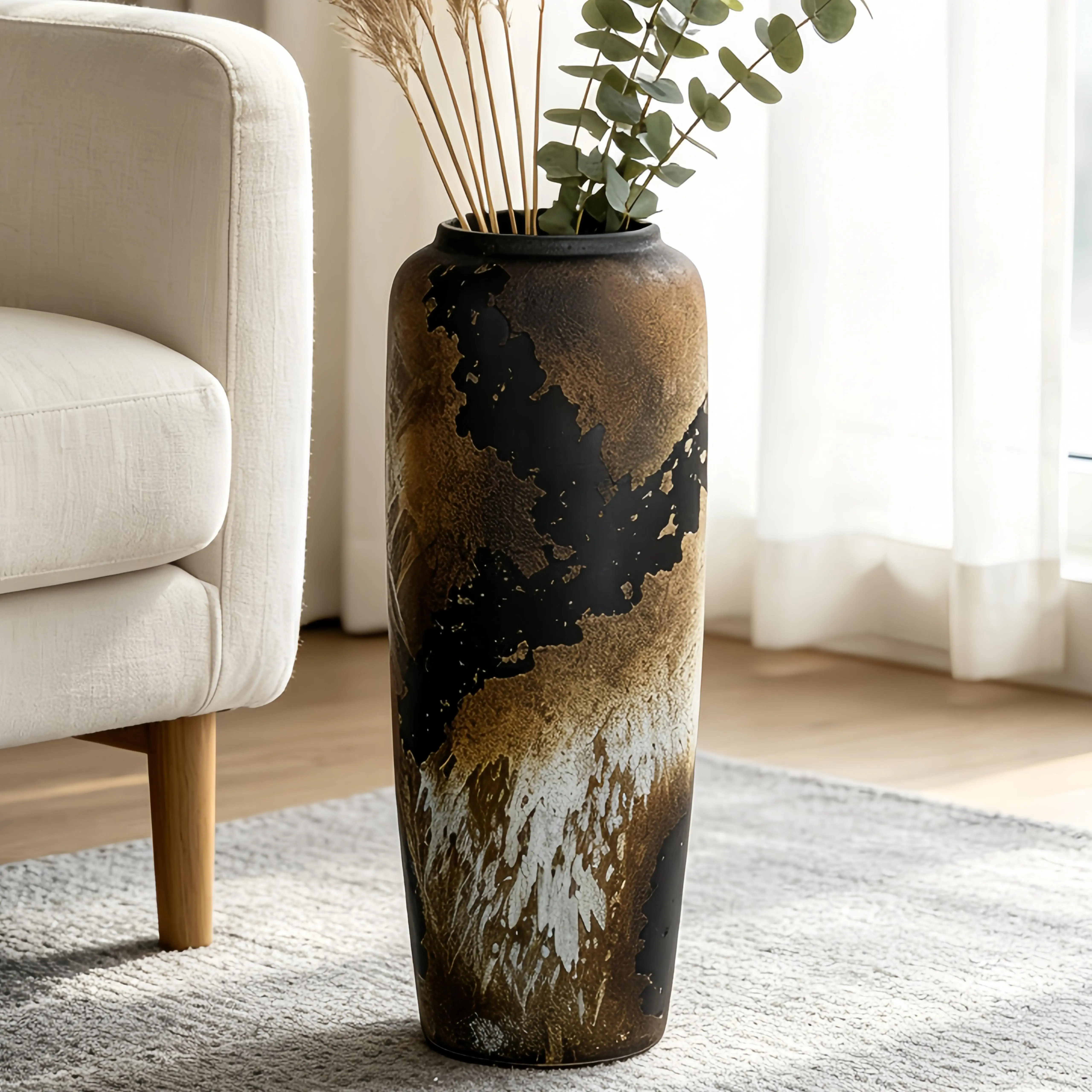 19.7 in (40-50cm) Plain Brown/Black Matte Rustic Farmhouse Tall Cylinder Ceramic Freestanding Floor Vase - Home Decor Accessory, Living Room Decor, Artistic Design, Housewarming Gift