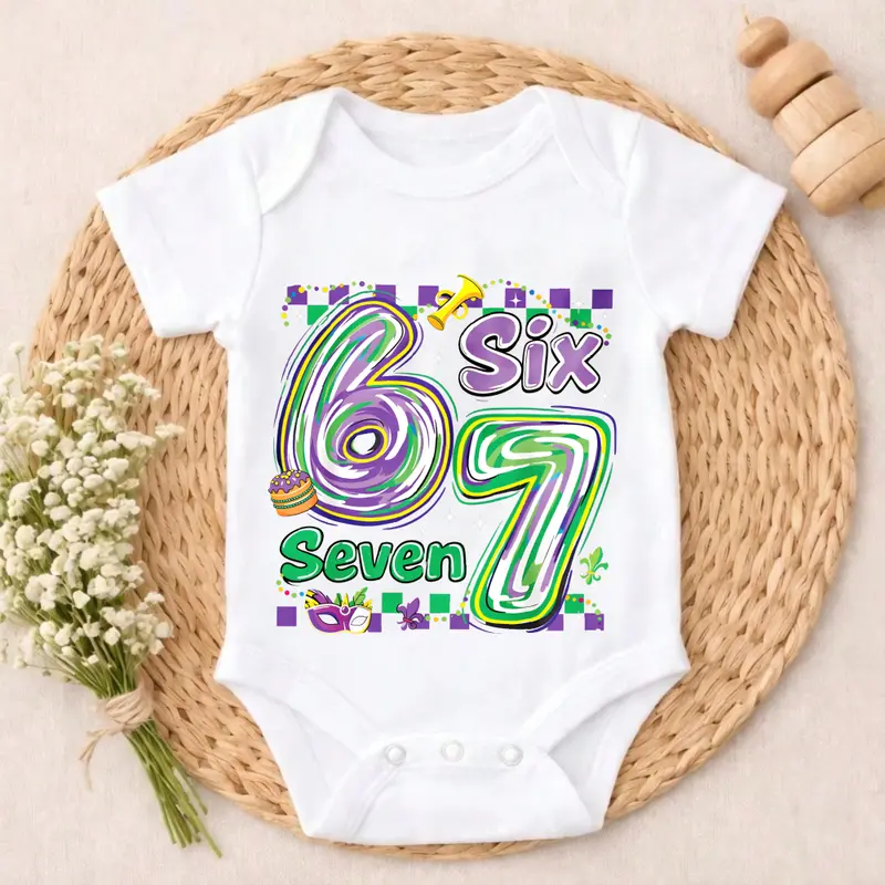 Cotton Baby Bodysuit Colorful Six Seven Number Print 100% Pure Cotton Non-Irritating Snap Closure Breathable Perfect For Gifting & Everyday