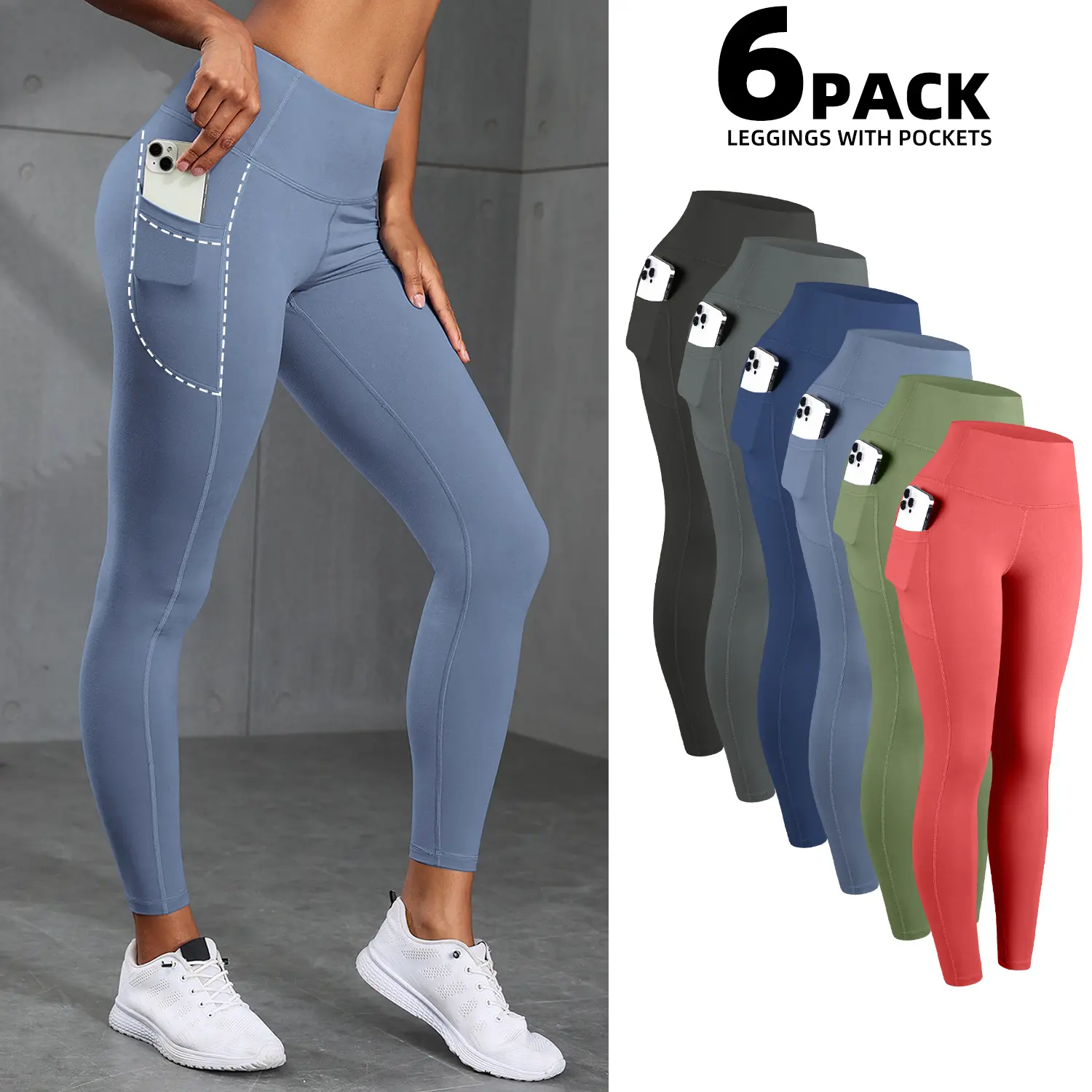 6 Packs Women's High Waist Leggings with Pocket, Buttery Soft Stretchy Lightweight Breathable Pants, Suitable for running, yoga, fitness, and other sports scenarios