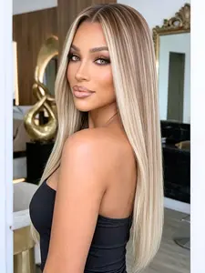 613 Blonde Ombre Brown Highlight Lace Front Wig 28" Straight Heat Resistant Synthetic Hair 13x4 HD Lace Dark Roots Pre-Plucked Hairline Free Part for Daily & Party Wear