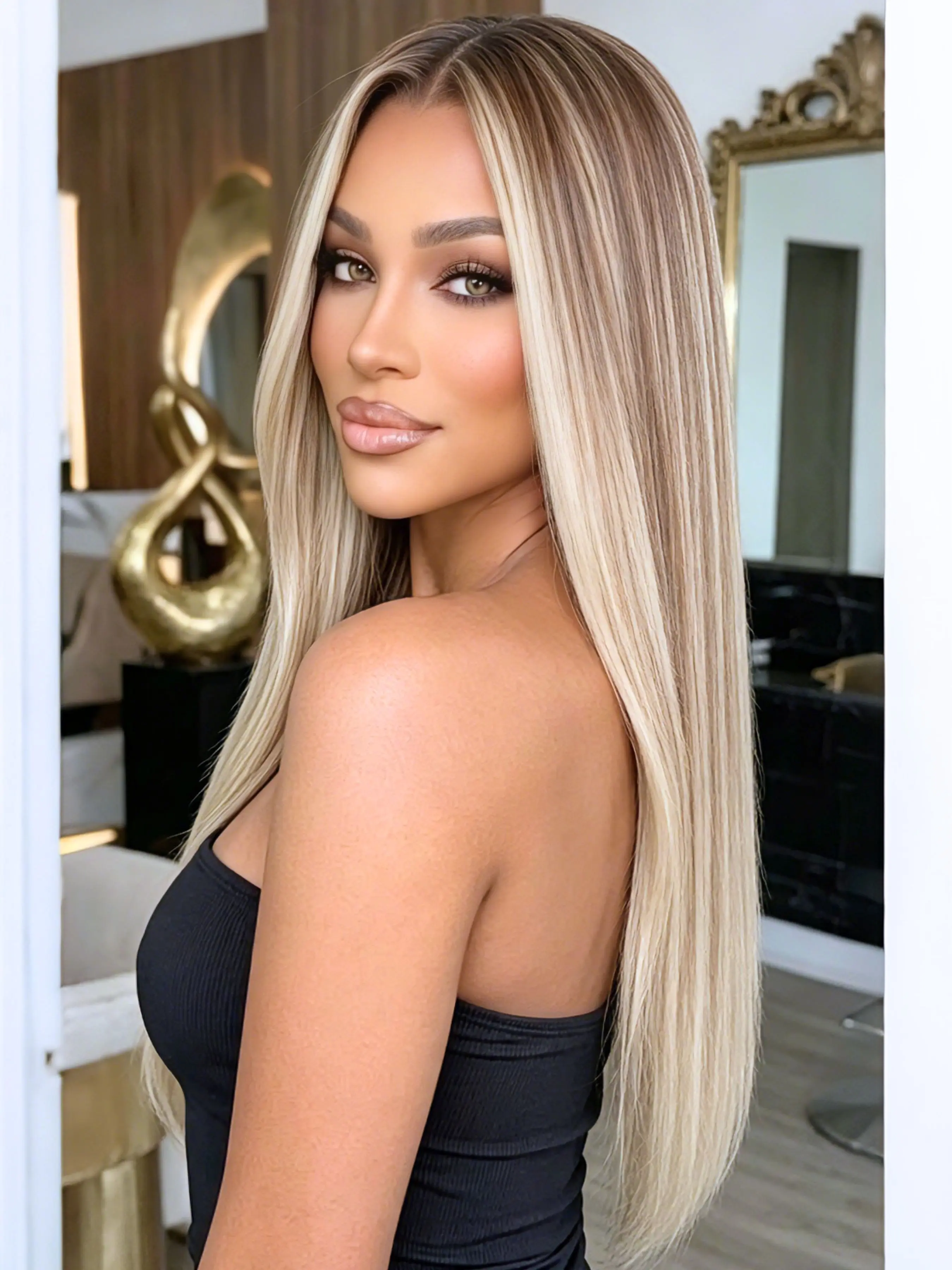 613 Blonde Ombre Brown Highlight Lace Front Wig 28" Straight Heat Resistant Synthetic Hair 13x4 HD Lace Dark Roots Pre-Plucked Hairline Free Part for Daily & Party Wear Lace Straight Wigs