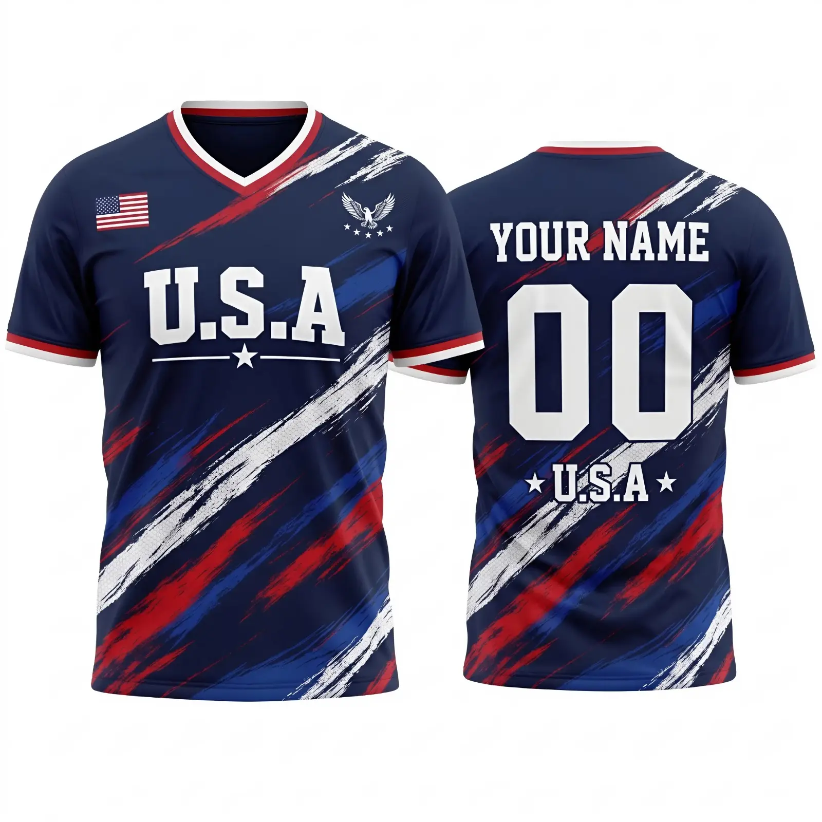 USA Soccer Jersey Football Tee Dark Blue American Flag V Neck Soccer
