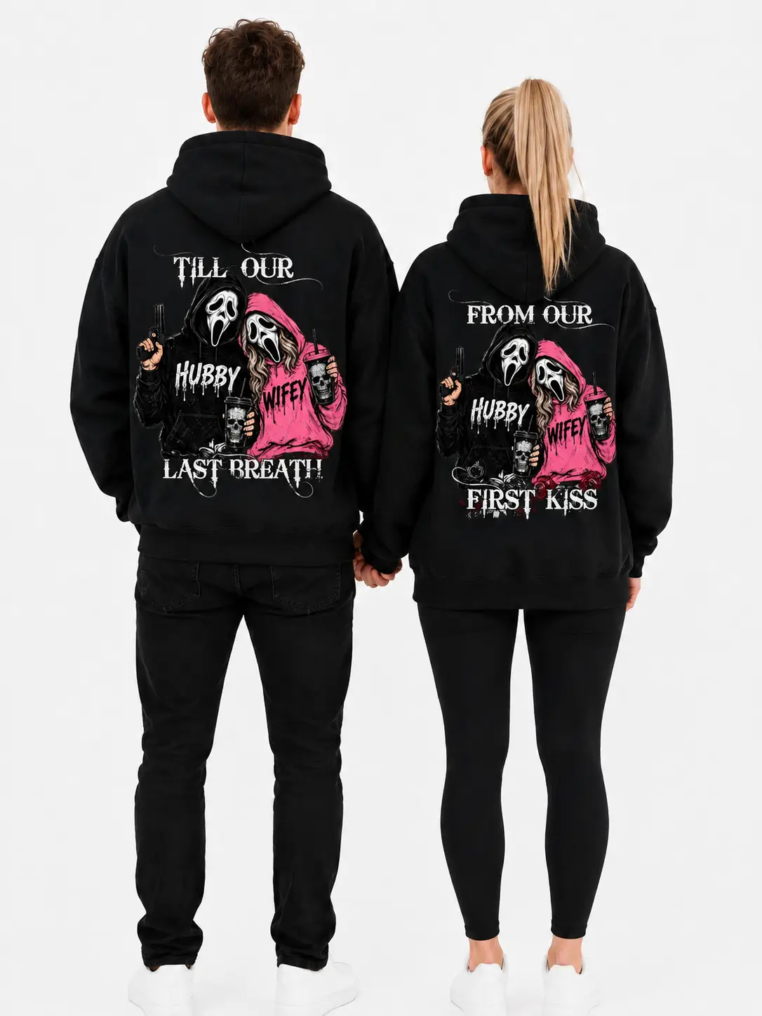 Women's Couples Matching Hoodie - Hubby Wifey Graphic Sweatshirt with "First Kiss Till Last Breath" Print, Anniversary Gift for Spouses, Halloween Outfit , Comfort Wear USA