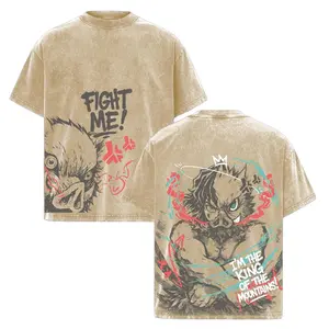 Inosuke “King of the Mountain” Washed Oversized T-Shirt, Demon Slayer Fierce Beast Graphic Tee, Retro Heavy Cotton Anime Streetwear Unisex