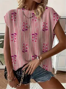 Spring/Summer crew neck drop-shoulder loose fit pink stripe splicing fruit print short-sleeve women's knit top, vacation style, casual elegant commute, ladies short-sleeve top, bikini cover-up.