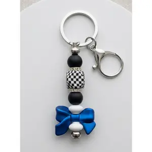 Checkered Flag Silicone Bead Keychain – Racing Style Blue Bow Bag Charm with Rhinestone Accents