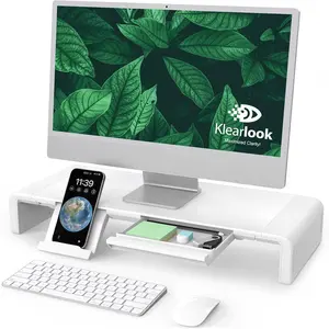 Foldable Height Adjustable Monitor Stand Riser, Desk Shelf Riser with Storage Drawer & Tablet Phone Stand for Desktop Laptop (White)