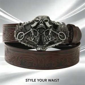 Biker Skull & Motorcycle Buckle Tooling Leather Belt Gothic Vintage Belt | 3D Skull & Chopper Motorcycle Buckle