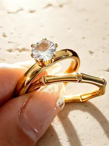 Elegant Stainless Steel Couple Ring Set, Hypoallergenic Zircon Rings, Bamboo Design, Stackable, All Seasons Jewelry, Gift Essential