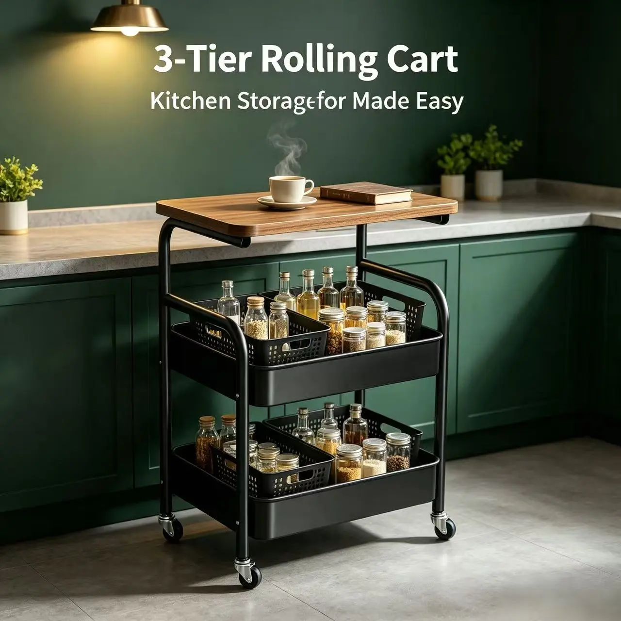 3-Tier Rolling Storage Cart with Wood Tabletop, Heavy-Duty Metal Frame & Large Storage Basket, Wheeled Mobile Utility Trolley for Kitchen & Bedroom, Black & White, Easy-Assemble Small-Space Home Organizer