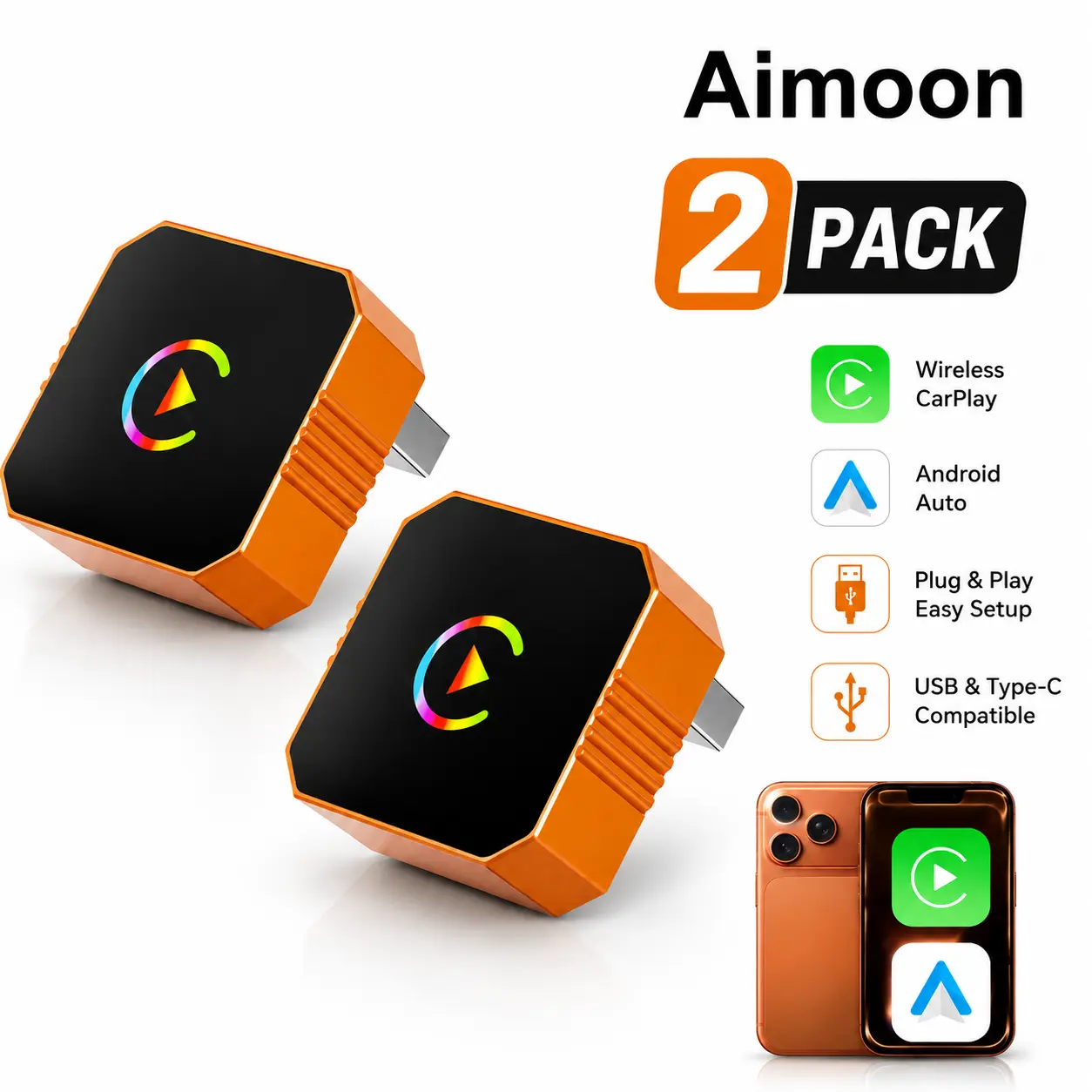 【AIMOON】2-Pack Wireless CarPlay Adapter, 2-in-1 Converts Wired CarPlay to Wireless Apple CarPlay & Android Auto, Plug & Play, Auto Reconnect, Compatible with Factory CarPlay Cars (2016+)