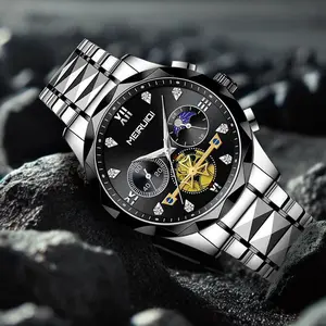 Men's Watch Silver-Black Bezel Black Dial Multifunctional Mechanical Elements Diamond Accents for Everyday Formal Wear