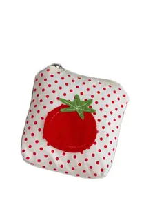 Cute Tomato Polka Dot Canvas Coin Purse, Mini Zipper Makeup Pouch with Apple Charm, Small Cosmetic Storage Bag for Lipstick, Earbuds, Coins & Sanitary Pads, Adorable Aesthetic Organizer for Women & Girls