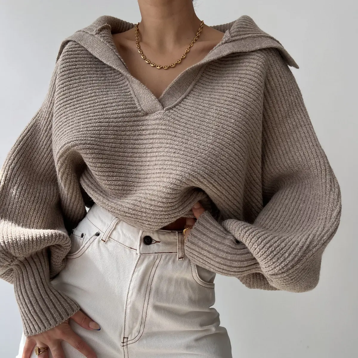 Women's Batwing Puff Sleeve Cropped Knit Pullover - Big Collar Ribbed Casual Essential Knitwear for Everyday Wear, Pair with Jeans or Leggings, Piece