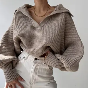 Women Batwing Puff Sleeve Cropped Pullover, Big Collar Ribbed Knit Casual Sweater